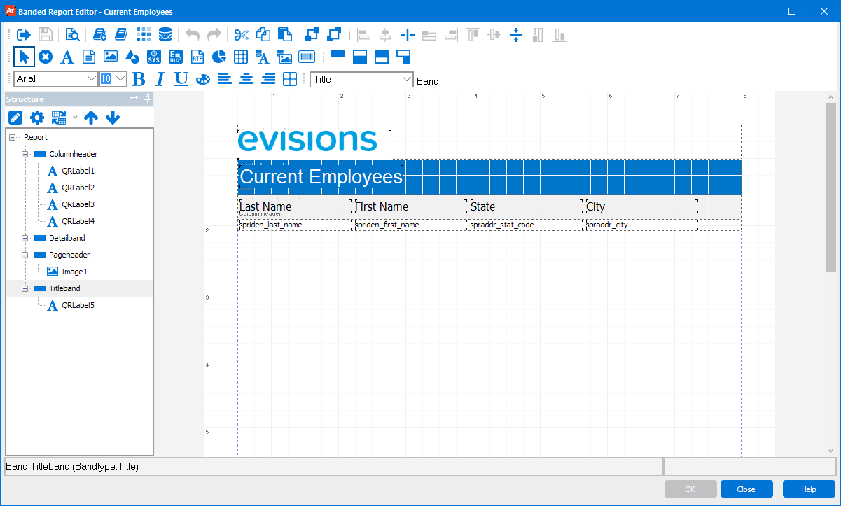 This image shows the Band Report Editor dialog which contains many options for placing objects onto the report.